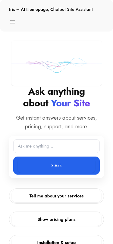 Мобильный вид — Iris - AI Homepage, Chatbot Site Assistant