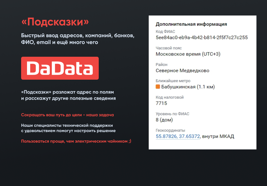 Подсказки по ФИО, адресам и реквизитам компаний на странице заказа Dadata.ru — скриншот 2