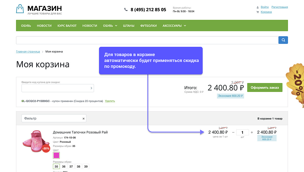 WBS24: Всплывающий рекламный баннер и автоматическое применение промокода — скриншот 2