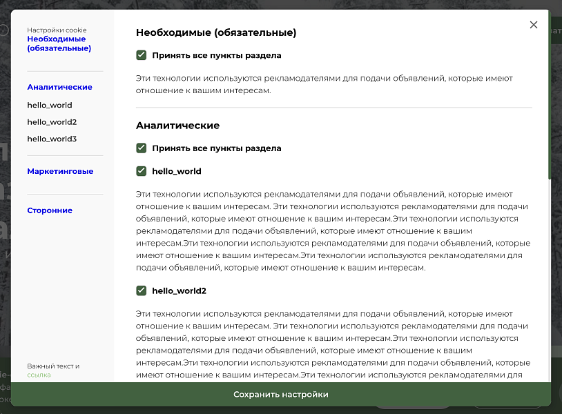 Политика cookies и управление согласием — скриншот 2