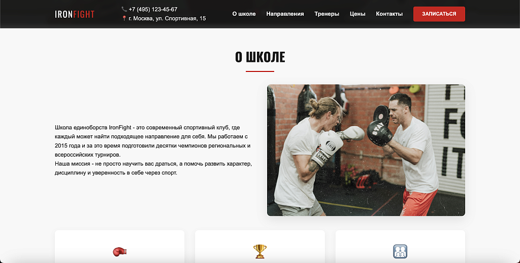 IronFight - готовый лендинг для школы единоборств — скриншот 2